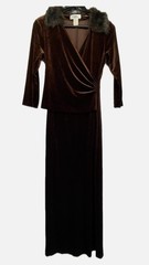 VTG 80s/90s Patra Petites Brown Velvet Velour Maxi Dress Faux Fur Collar 10P