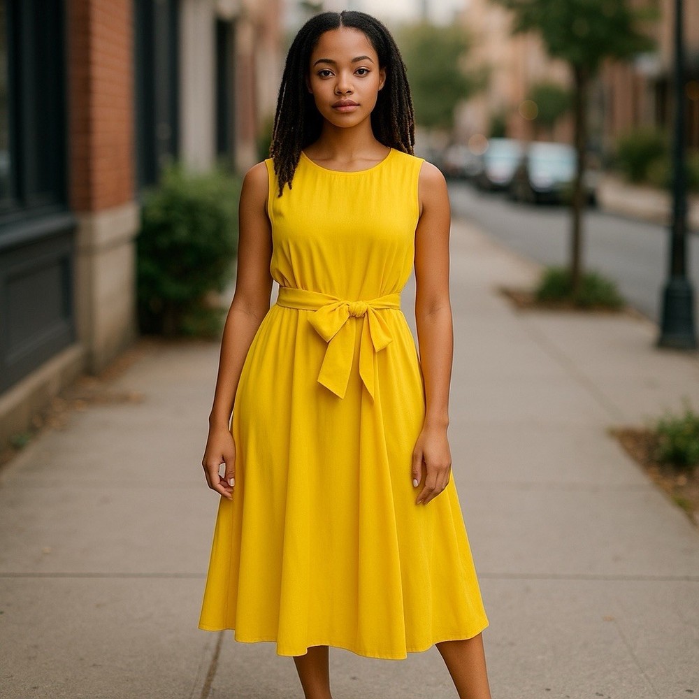 TTAHARI Yellow Pleated Lined Sundress Belt Fit & Flare Medium