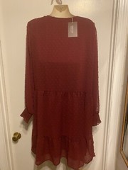 Famition Women&rsquo;s Dark Red Swiss Dot Dress Long Sleeve Tiered Dress Size XL NWT