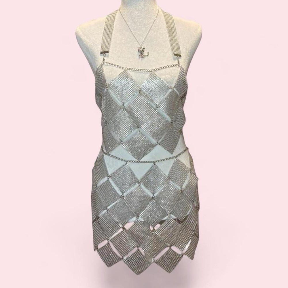 Silver Rhinestone Geometric Chain Accent 2 Piece Set, One Size