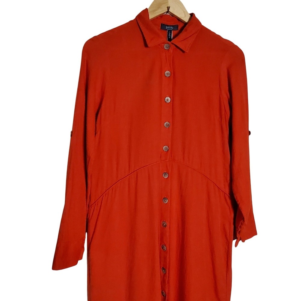 Lucca Linen blend Button front Dress roll cuff long sleeve point collar Modest