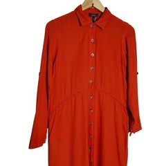 Lucca Linen blend Button front Dress roll cuff long sleeve point collar Modest