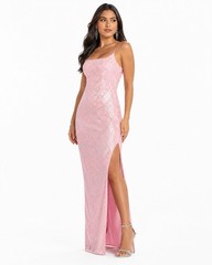 Windsor Pink Sequin Square Neck Strappy Long Gown Dress with Slit Size S