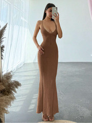 Aloruh Chic Camel Autumn Vacation Dress For Women,Elegant Deep V Neck HollowOut