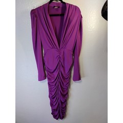 Cameo Purple Ruched Deep V-Neck Bodycon Midi Dress Long Sleeve C4162 Size L (41)
