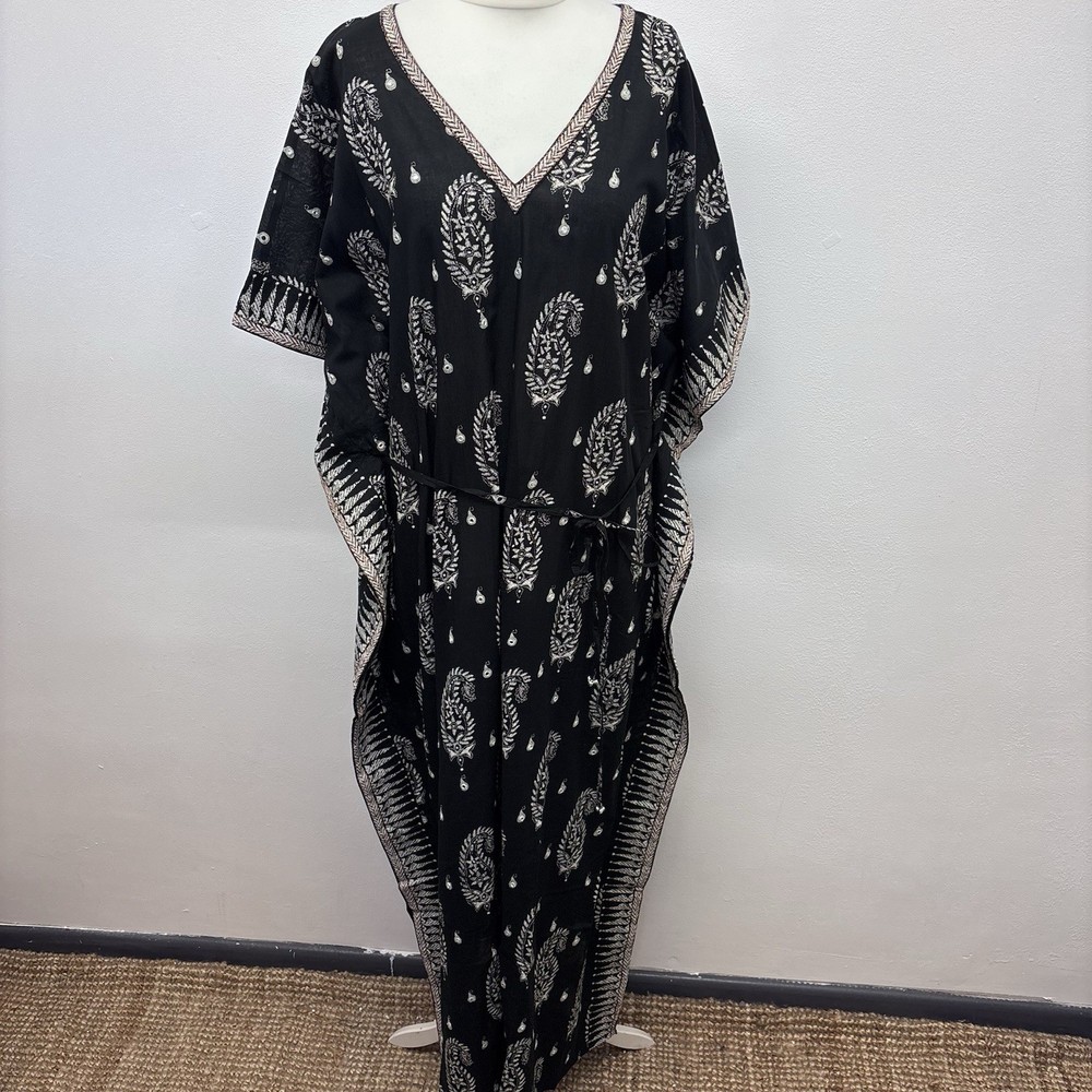 East Kaftan Dress Size Medium Large Black Sinai Paisley Print Holiday Cotton New