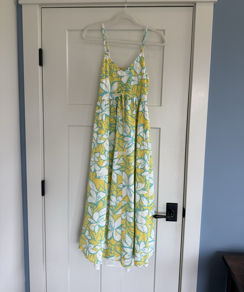 Sincerely Jules Yellow, White & Teal Floral Spaghetti Strap Midi Sundress Small