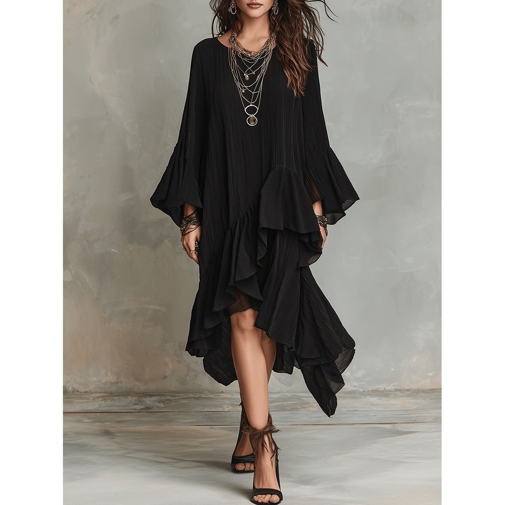 Gloeria Black Asymmetrical Ruffle Tiered Midi Dress Sz M Minimalist Bohemian