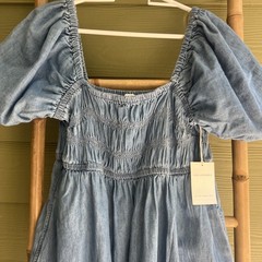 Free Assembly Size L Puff Sleeve Peasant Cotton Mini Dress Light wash NEW