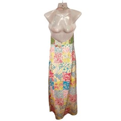Lilly Pulitzer Patchwork Halter Maxi Dress Pink Blue Yellow Floral Cotton Size 6