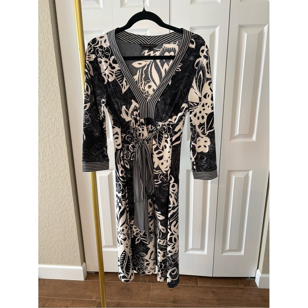 BCBGMaxAzria Dress Black and White Floral V-Neck Wrap Midi, Resortwear, Size M