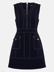Karen Millen navy stretch contrast stitch A line dress size 10