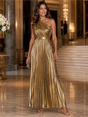 NEW – Elegant Shiny Gold Asymmetrical Neck Maxi Party Dress Pleated, Size M