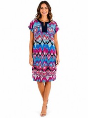 Laundry by Shelli Segal Pink Blue Ikat Print Split Neck Shift Mini Dress Medium