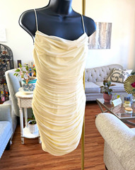 NBD Ivory Solid Ruched Cowl Neck Spaghetti Strap Mini Bodycon Dress Zip L