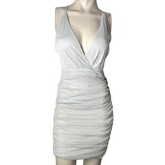 🆕Silver Metallic Threaded Cami Low Cut Ruched Open Back Nylon Mini Dress~Size S