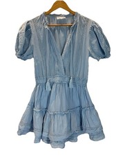 Mable Tiered Mini Dress Blue Puff Sleeve Ruffle Cottagecore Size M Flounce
