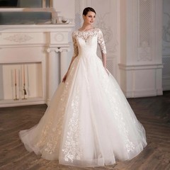 Elegant O-Neck Wedding Dresses Lace Applique Full Sleeve Train Ball Bridal Gowns