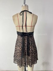 Sexy Leopard Lingerie Babydoll Sheer Dress Nightgown Sleepwear G-string Chemise