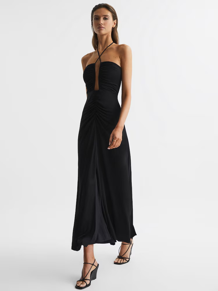 REISS NWT $345 Lana Plunge Neck Strappy Maxi Halter Evening Dress Size US 4