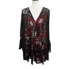 Free People Falling Flowers Frock Mini Dress Red Black Sequins Oversized Size XS