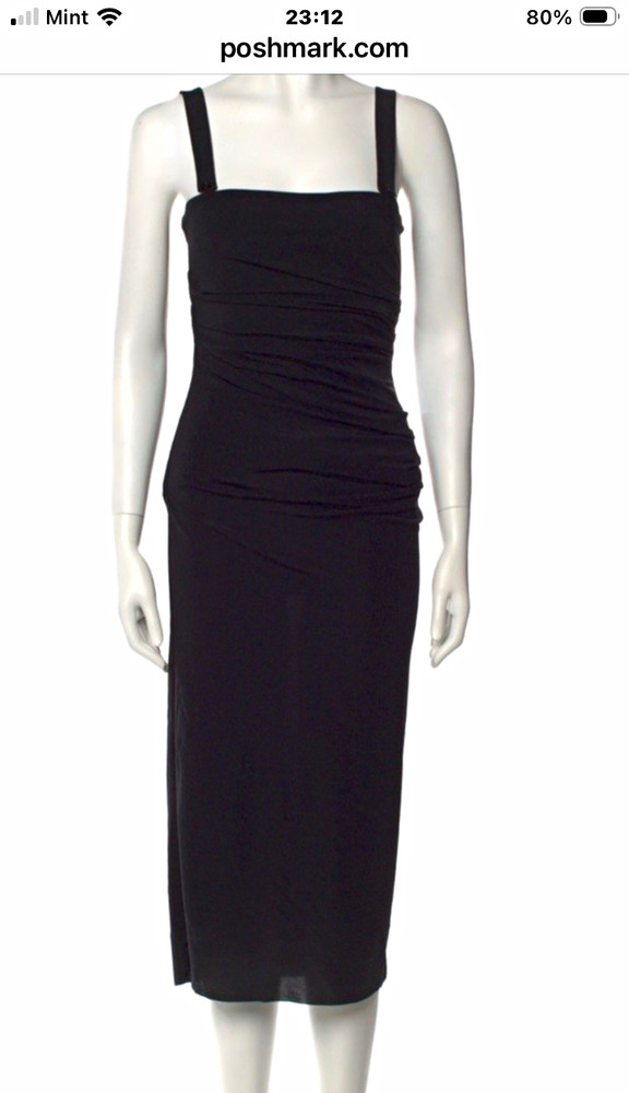 HELMUT LANG Black Ruched Square Neck Strappy Midi Bodycon Dress Size M Poly