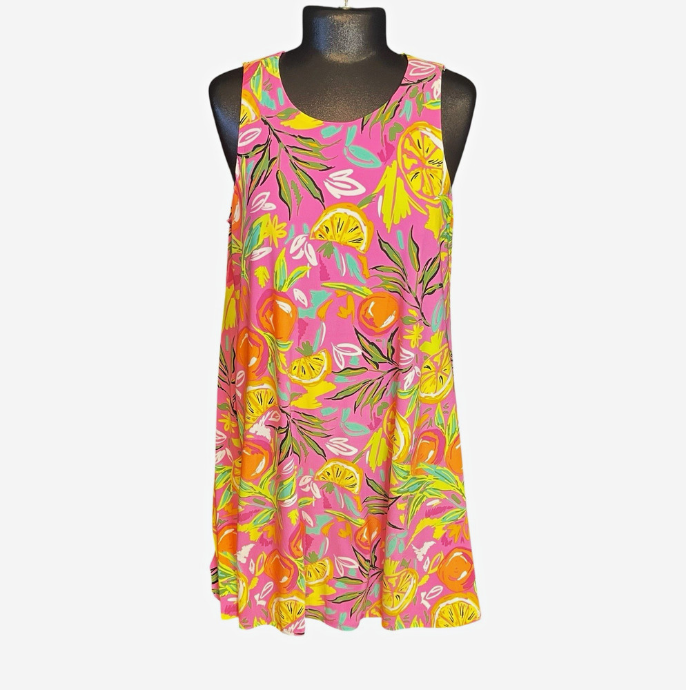 Pappagallo Fun S Pink Tropical Citrus Print A-Line Sleeveless Dress Lined