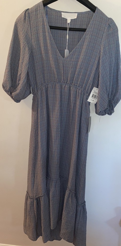 Superfoxx Dress Blue Multicolor Texture Fabric Deep VNeck Hi Low Ruffle Hem