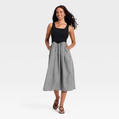 Women Sleeveless Knit to Woven Midi Dress – A New Day Black/White