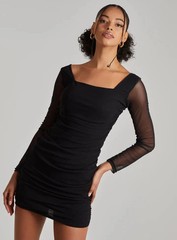 Pink Vanilla Long Sleeve Mesh Mini Bodycon Dress in Black UK 14