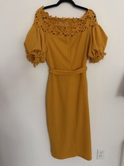 Mustard Solid Off Shoulder Crochet Midi Dress Puff Short Sleeve Belted XL