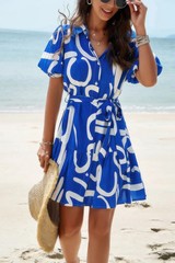 Random Print Button Down Belt Ruffle Midi Dress
