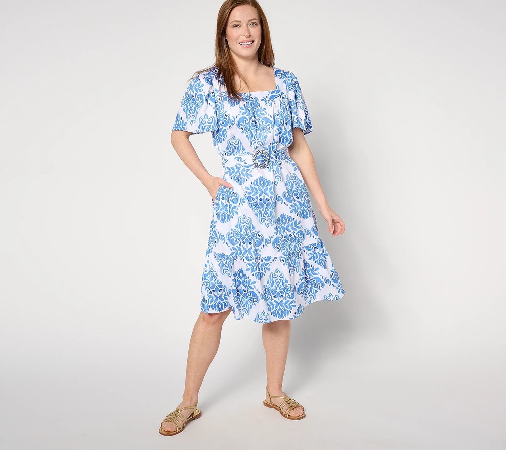 Destination 365 Reg Printed Flutter Sleeve Self Belted Dress, Blue Sz M a641422