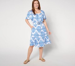 Destination 365 Reg Printed Flutter Sleeve Self Belted Dress, Blue Sz M a641422