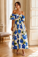 Borgo de Nor Giovanna Blue Floral Off Shoulder Maxi Dress US 2 Wedding Guest