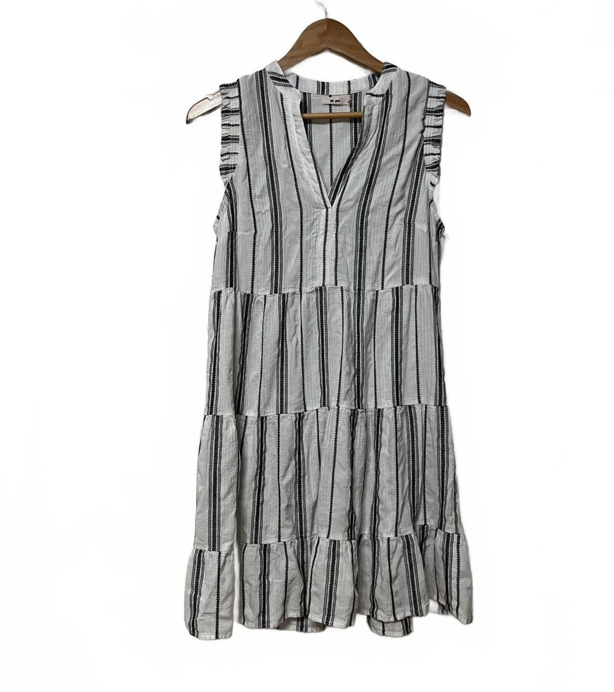 Boho Striped Tiered – Romantic Ruffle Sleeveless V-Neck Mini B&W Sundress Size M