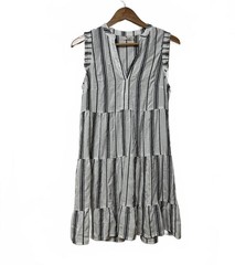 Boho Striped Tiered – Romantic Ruffle Sleeveless V-Neck Mini B&W Sundress Size M