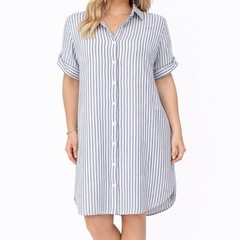 Thread & Supply L Blue White Stripe Midi Shirt Dress Button Pockets Summer Chic