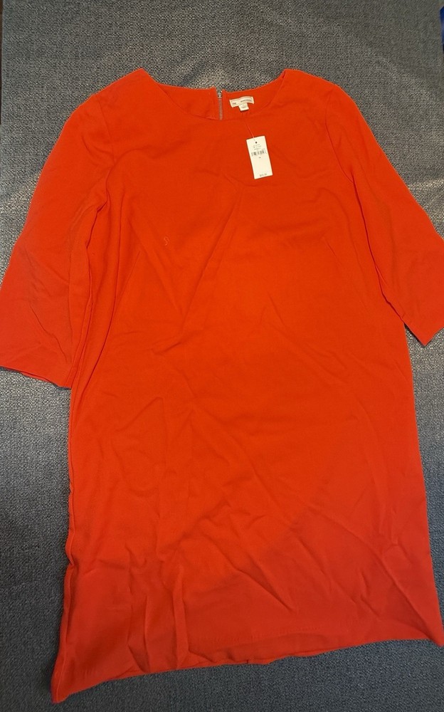 Gap Red Solid Shift Dress Round Neck 3/4 Sleeve Knee Zip Regular Size 14