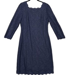 Adrianna Papell V-Back Long Sleeve Lace Sheath Dress Women&rsquo;s 10 Navy Old Money