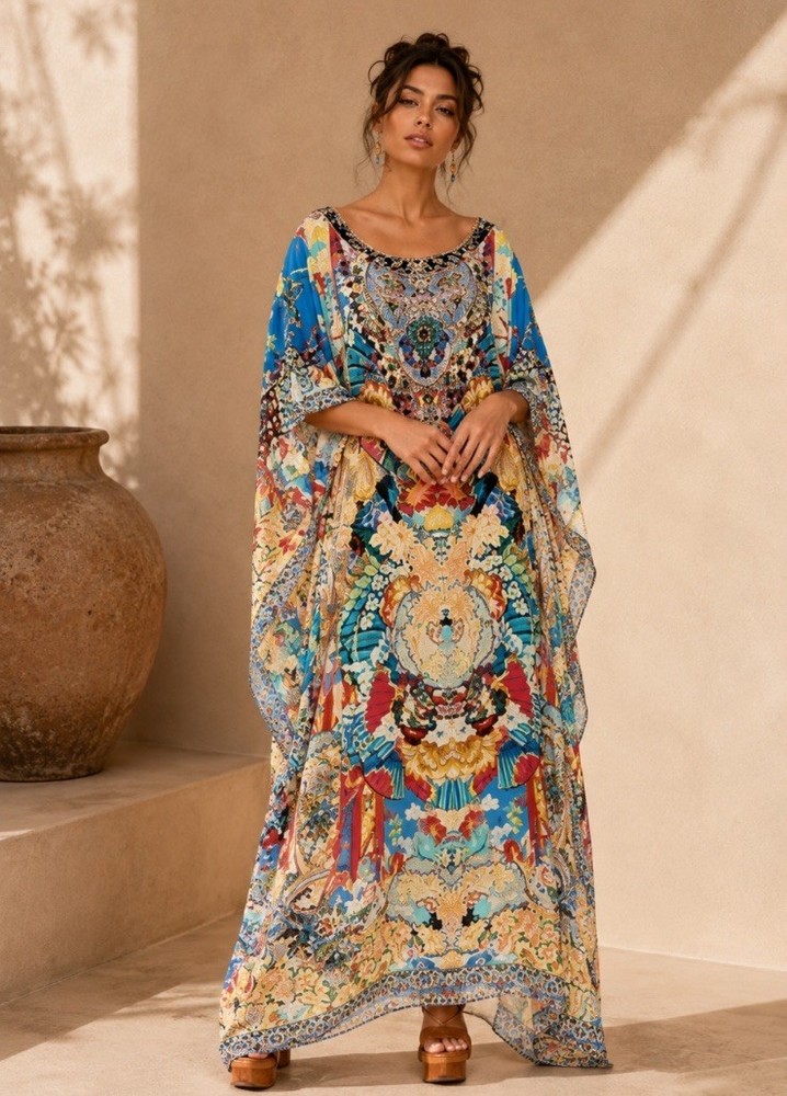 Camilla Miso In Love Round Neck Kaftan One Size Dress Maxi Silk Floral Vintage