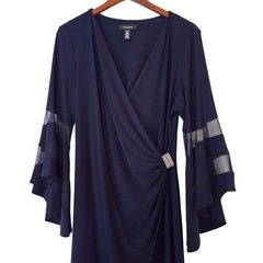 R&M Richards womens Dress, 16 Navy Blue, Rhinestone Bell Sleeve size XL New