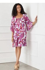 Pink Purple White Floral Knee Length Shift Dress, Flared 3/4 Sleeves Scoop Neck