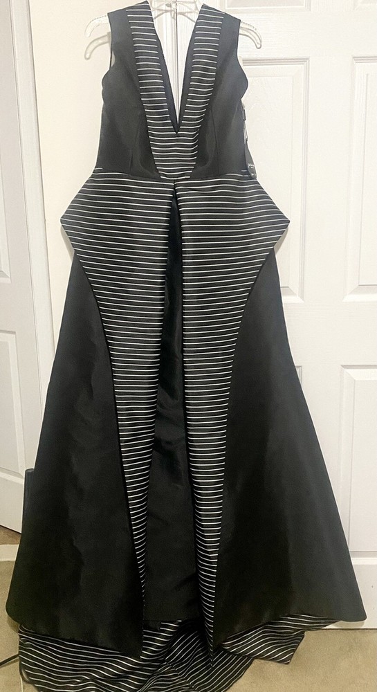 John Paul Ataker Ruffled Black Plain & Striped Taffeta Gown Style #890 Sz 12 NWT