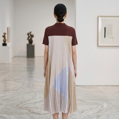 Clu Mixed Media Pleated Midi Dress XS Burgundy Colorblock Mock Neck WL18H4024