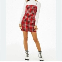 Forever 21 Red Black Yellow Side Zipper Plaid Jumper Dress Spaghetti Straps – M