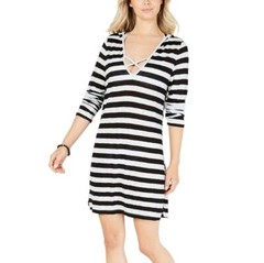 Miken Swim Plus 1X Black White Striped Hooded Cover Up Dress NWT DG68