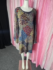 Ivy Road Colorful Peacock Print Sheer Boho Bell Sleeve Shift Dress Size XL