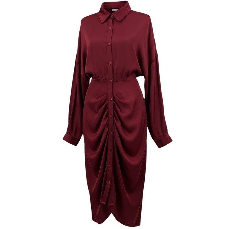 Steve Madden Tori Wine Satin Ruched Midi Shirt Dress NWT Date Night Fall Size 12