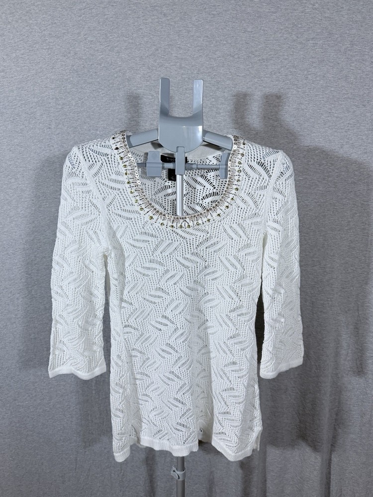 White House Black Market White Crochet Mini Dress Sz MP Embellished Scoop Neck